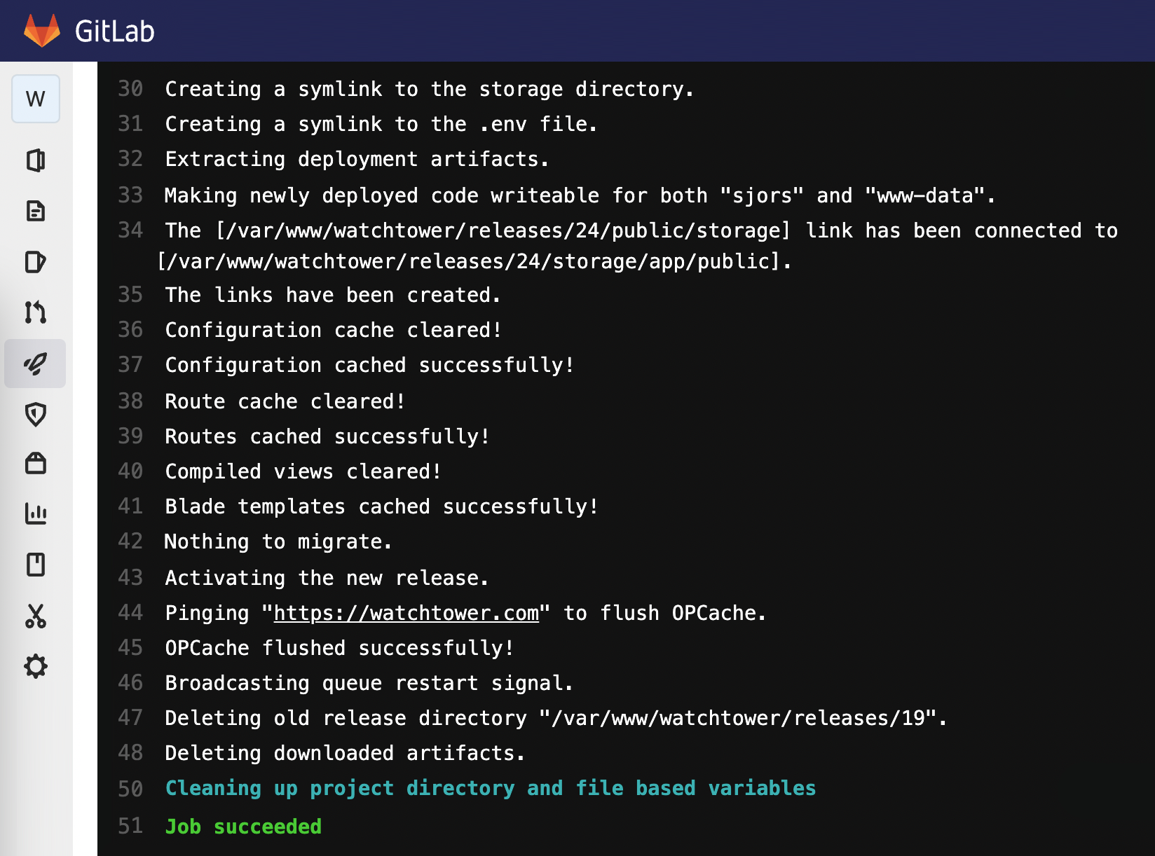 Screenshot of a GitLab Pipeline deploying a Laravel application