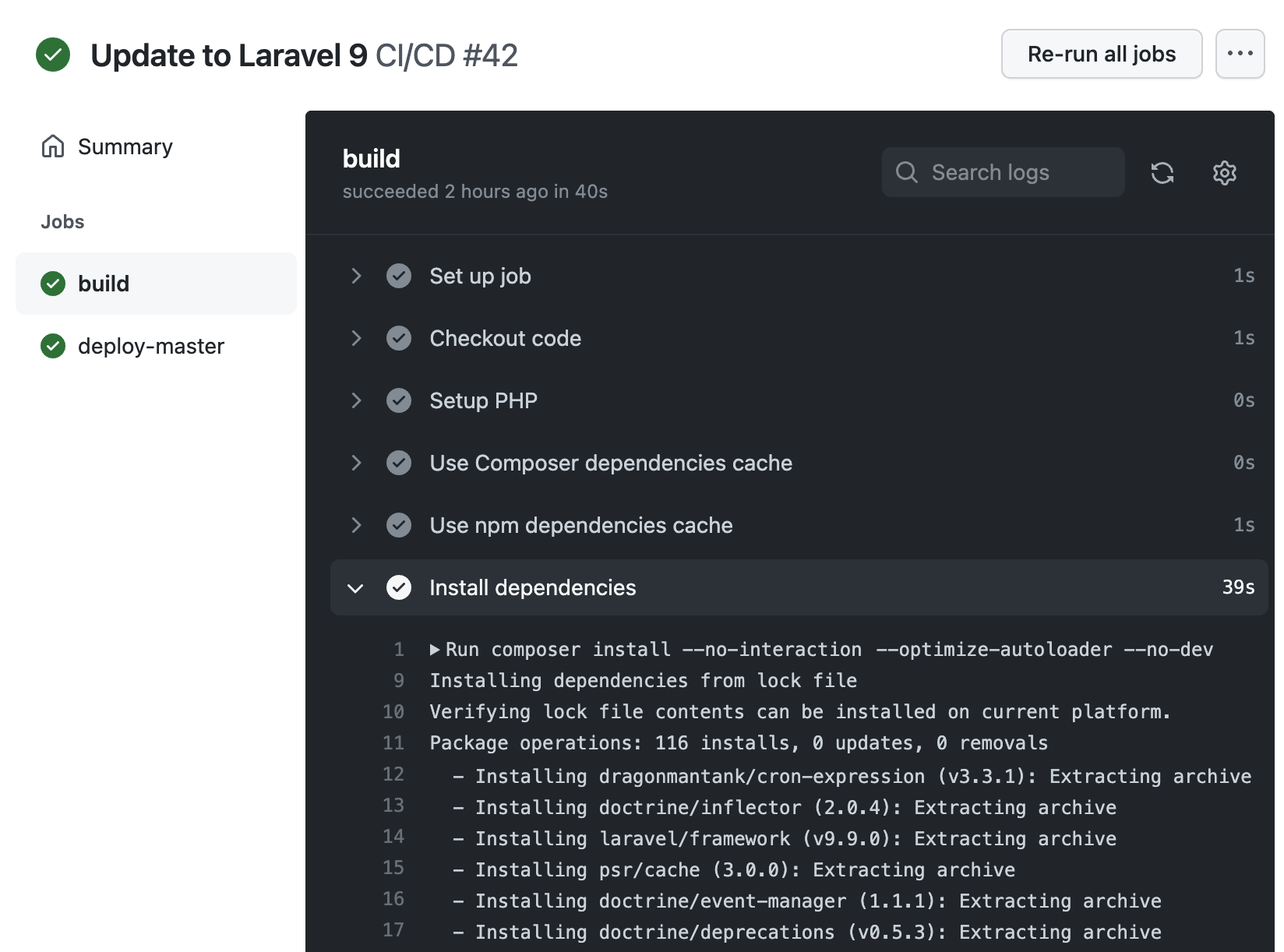 Screenshot of GitHub Actions installing composer dependencies