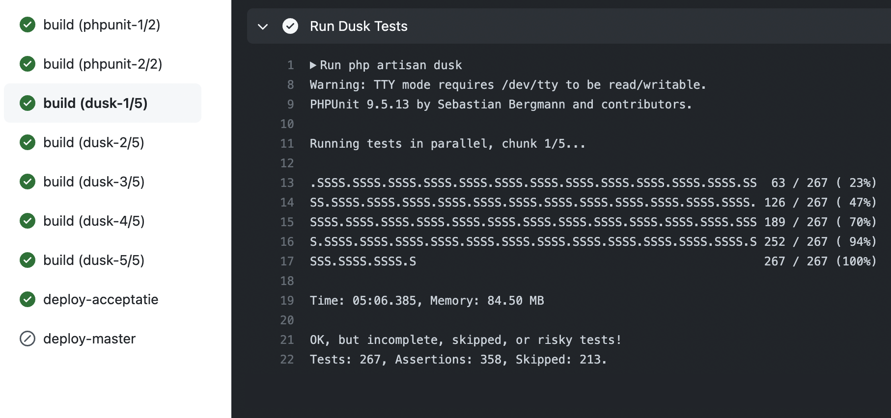 A screenshot of a GitHub Actions workflow that runs Laravel Dusk tests in parallel